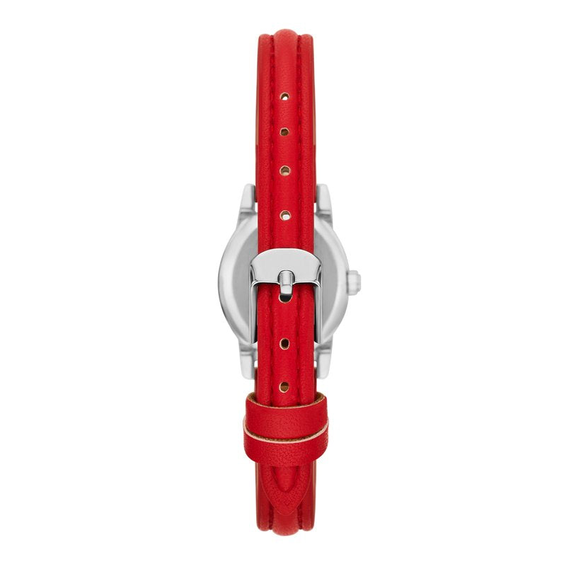 Women's Silver Tone Oval Wristwatch with Red Faux Leather Strap - 19mm