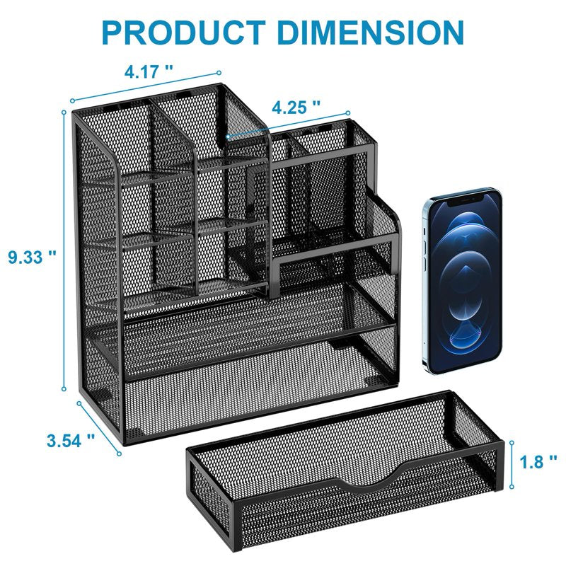 Multi-Functional Mesh Desk Organizer with Drawer - Office Stationery Storage