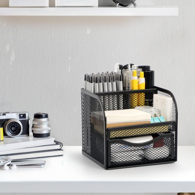 Mesh Desk Organizer with Drawer and Compartments for Office & Home