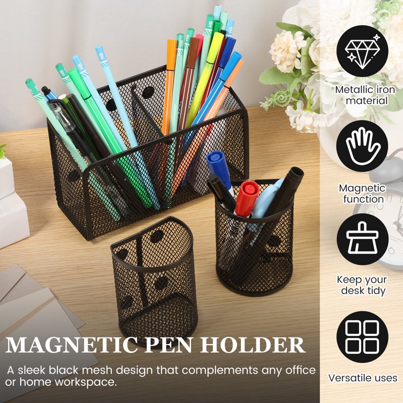 Magnetic Pen Holder & Desk Organizer Set with Metal Mesh Baskets - Black