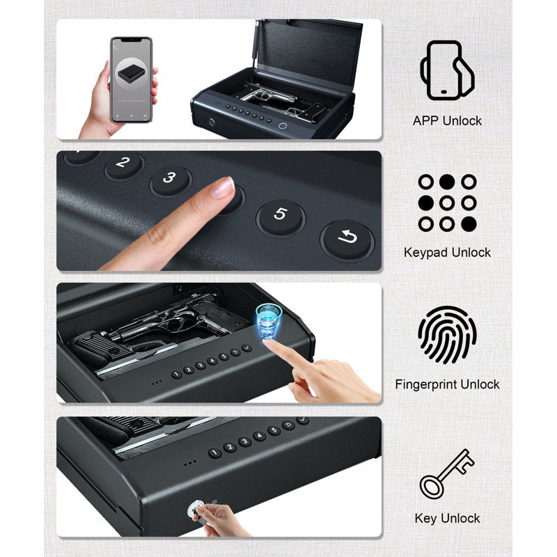 Biometric Gun Safe with Quick Access, Fingerprint, Passcode & App, Heavy Duty Pistol Lock Box