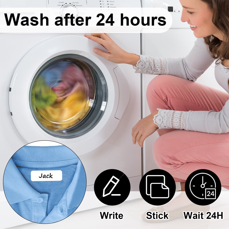 Waterproof Fabric Clothing Labels with Markers - No Iron, Washable, 200 Pack