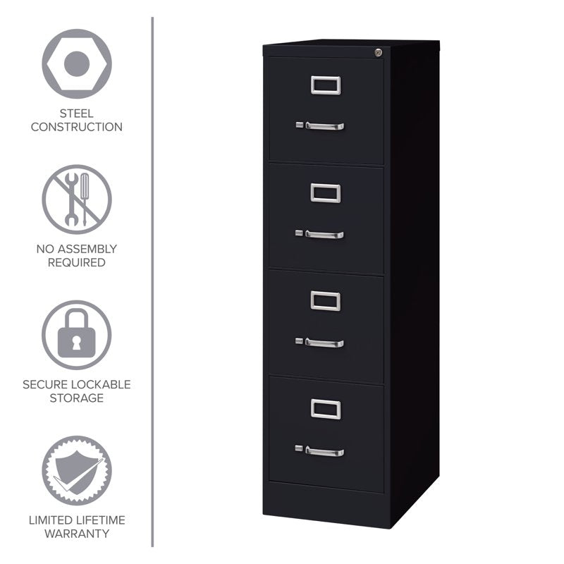 Hirsh 4-Drawer Locking Metal File Cabinet - Letter Size, 22" Deep, Black