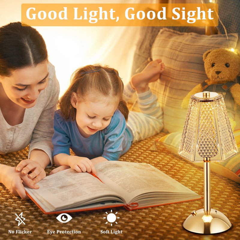 Wireless Dimmable LED Crystal Table Lamp with Touch Control - Rechargeable Night Light for Bedroom Living Room Kitchen