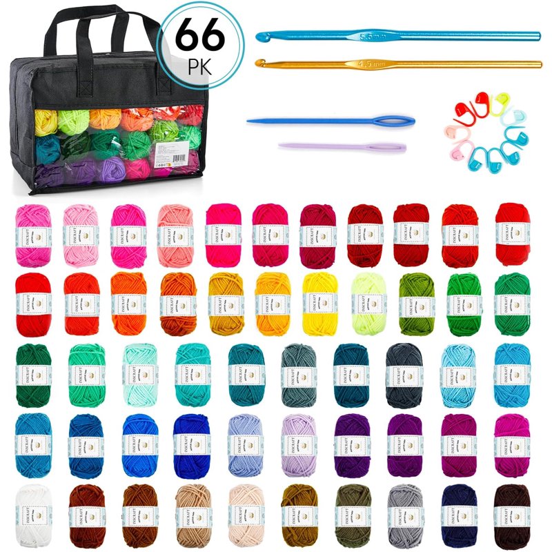 Crochet Yarn Kit with 52 Bright Acrylic Colors & Crochet Hooks - 67 Pieces