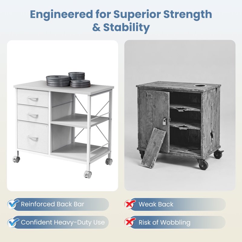 Rolling File Cabinet with Open Shelf - 3 Drawers, Fabric Storage, Mobile Office Organizer