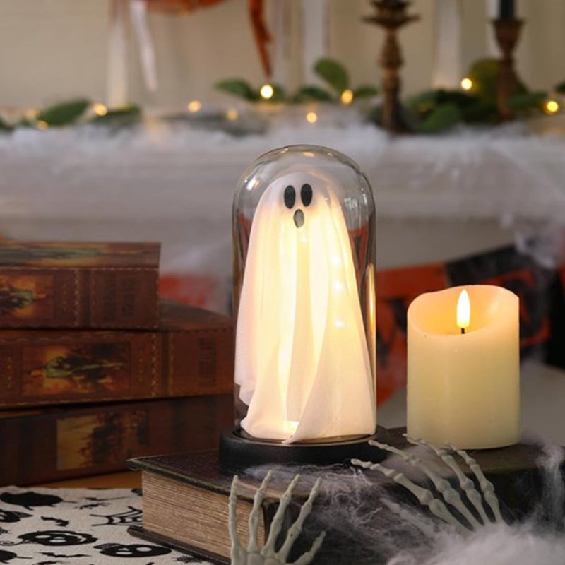 Halloween Ghost Cloche Night Light Fabric Ghost Lamp with Glass Dome - Spooky Mantel Decor