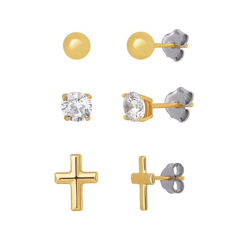 Sterling Silver Gold-Plated Cross & Ball Earrings with Cubic Zirconia for Women