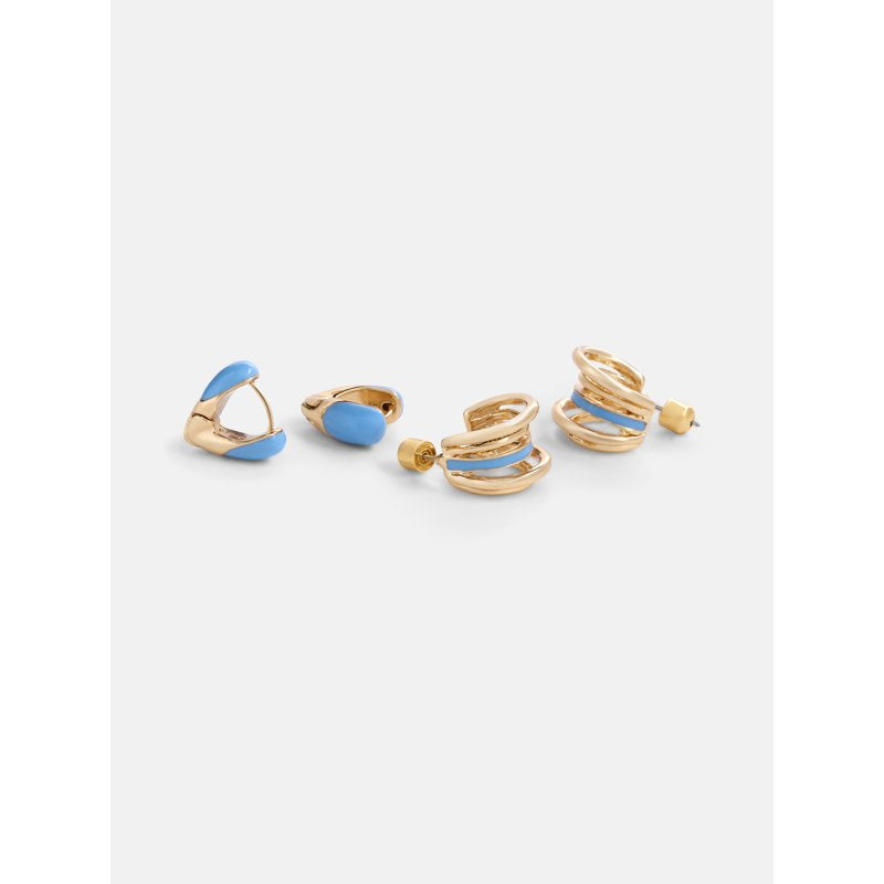 Goldtone Duo Hoop Earrings Set with Blue Enamel for Women – 2-Pair Jewelry Gift