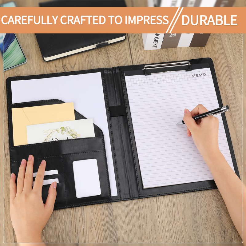 Leather Portfolio Clipboard Folder with Writing Pad - A4 Document Organizer for Business & Office