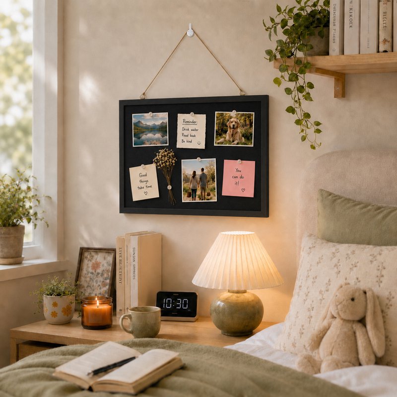 Black Linen Cork Bulletin Board 17x12 Inch Wall Display for Office & Home