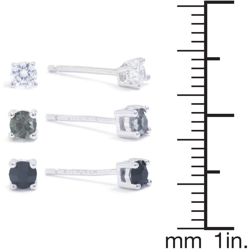 Sterling Silver 3-Pair Stud Earrings Set with Cubic Zirconia & Crystals for Women & Teens