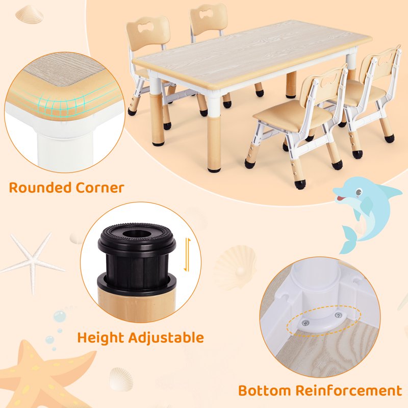 Kids Table and 6 Chairs Set with Height Adjustment and Waterproof Surface