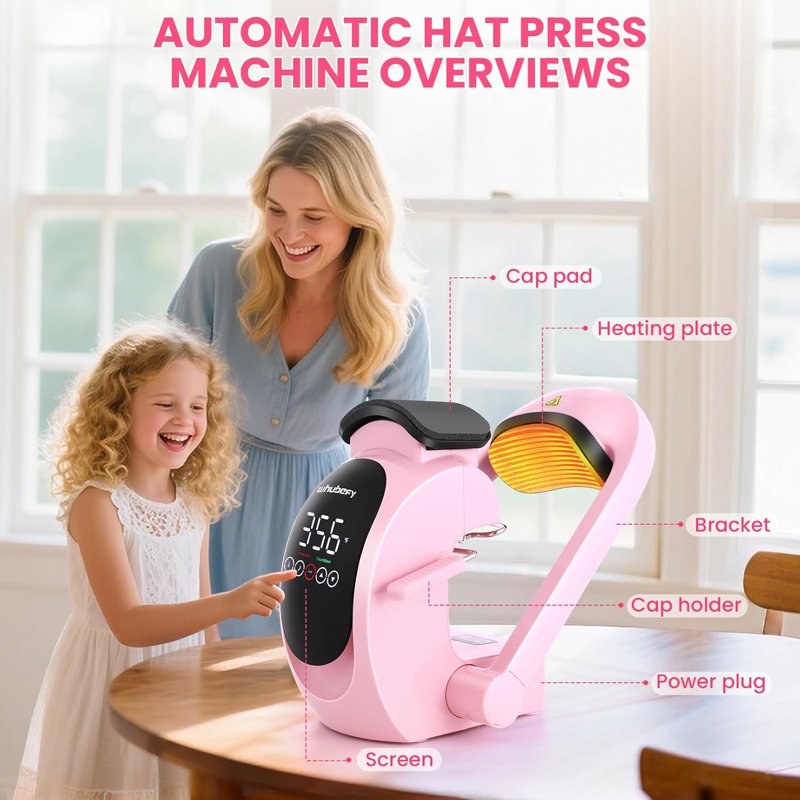 3-in-1 Cap Heat Press Machine with Replaceable Heating Pads - Pink