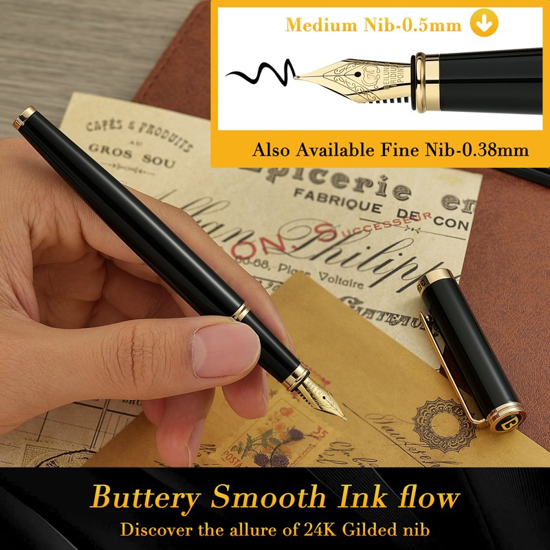Luxury Fountain Pen with 24K Gold Finish and Gilded Nib - Elegant Gift Set