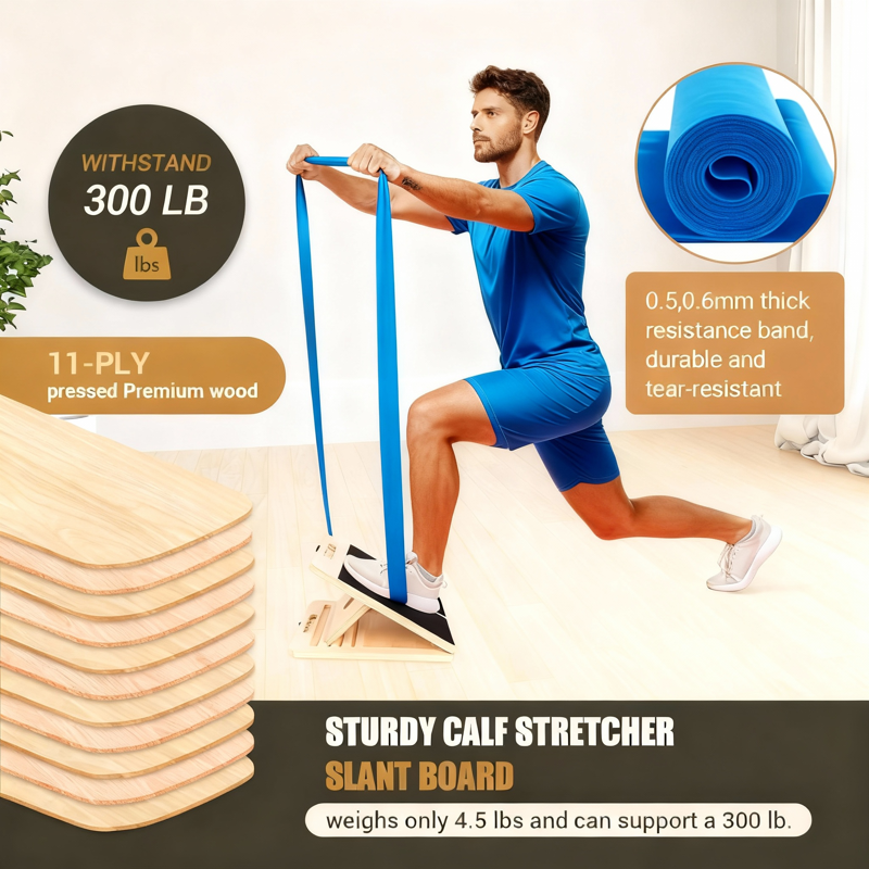 Adjustable Wooden Calf Stretching Board with Resistance Bands - Physical Therapy & Injury Prevention