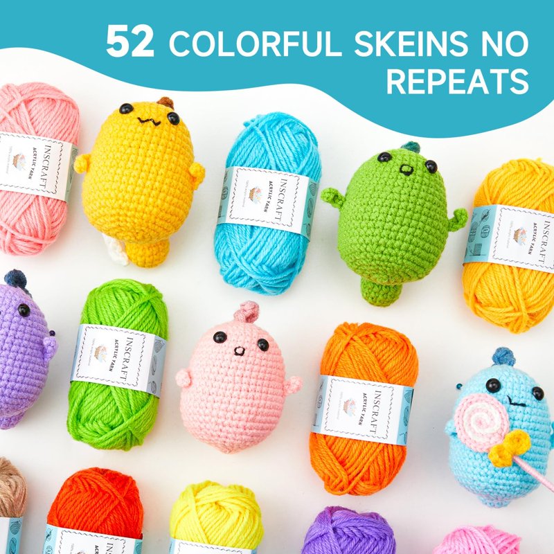 Crochet Yarn Kit with 52 Bright Acrylic Colors & Crochet Hooks - 67 Pieces