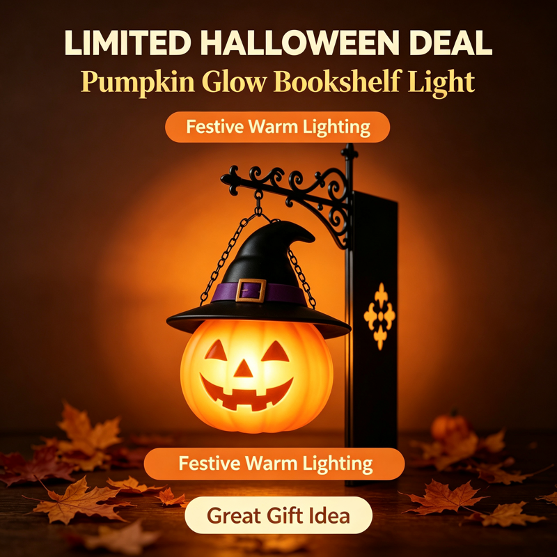 Hat Pumpkin Halloween Bookshelf Lamp - Vintage Ghost Library Light with Bookend Base