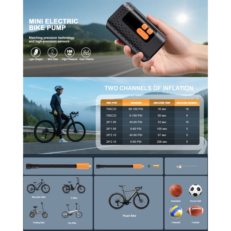 Electric Bike Pump 160PSI Portable Bicycle Pump with Gauge & Adapters