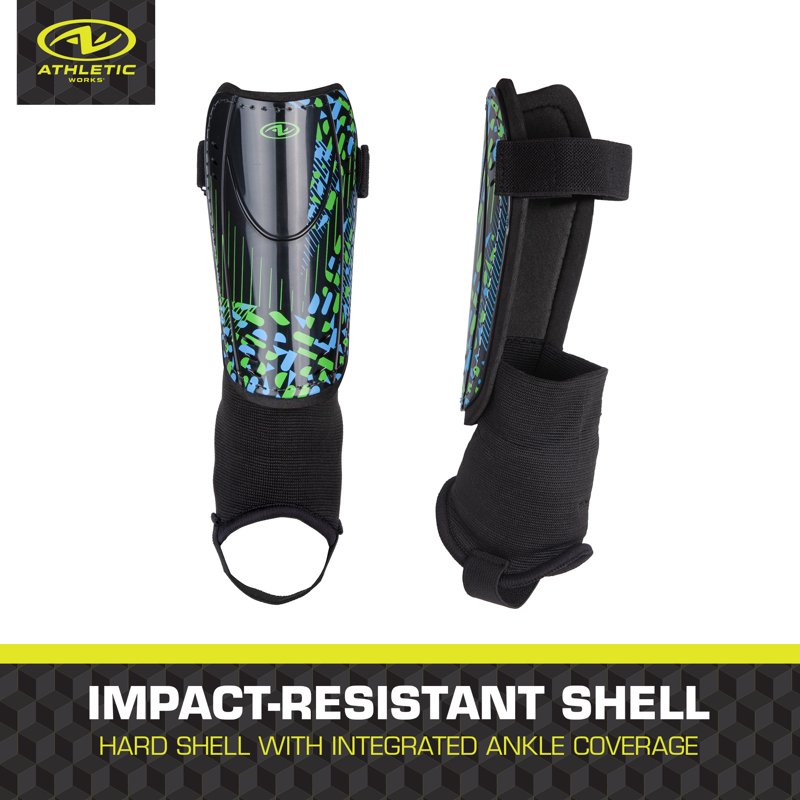 Athletic Works Small Soccer Shin Guards for Kids - PP Shell, Black/Blue/Green (Variation 2, S)