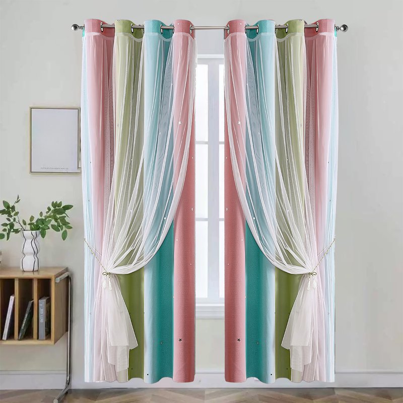 Double-Layer Blackout Rainbow Ombre Glitter Star Window Curtains - 39x51 Inch
