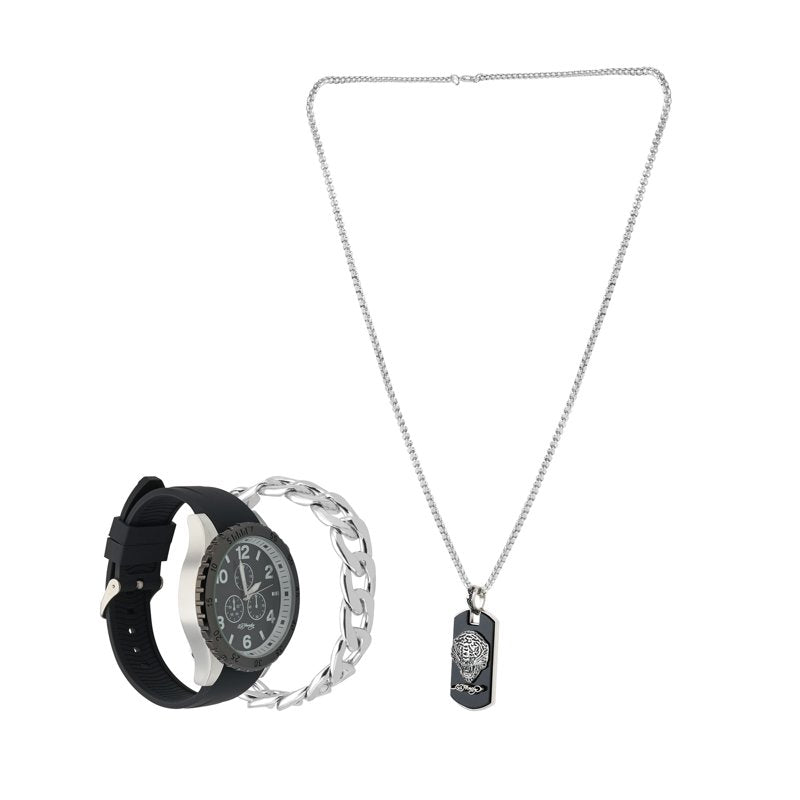 Men's Matte Black Silicone Strap 46mm Analog Watch with Necklace & Bracelet Set
