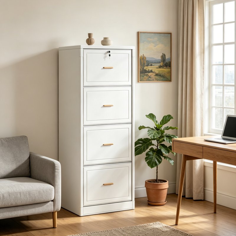 Four-Drawer Vertical File Cabinet with Lock - Office Document Organizer, Heavy Duty, White