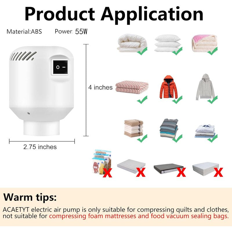 Electric Vacuum Pump for Space Saver Bags 55W Portable Air Compressor