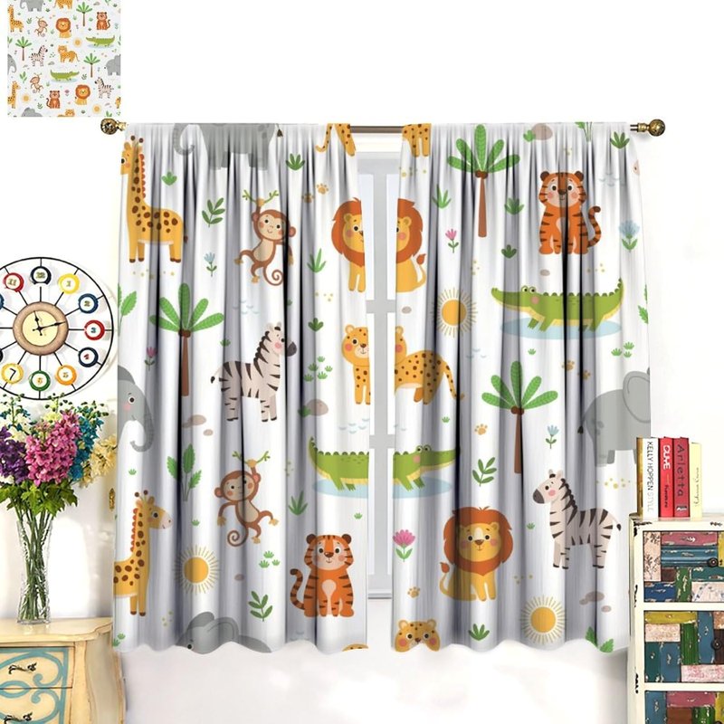 Kids Jungle Animal Curtains - Insulated Window Drapes for Nursery & Bedroom