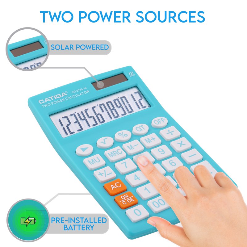 Handheld Calculator 12-Digit LCD Display Office School Light Blue