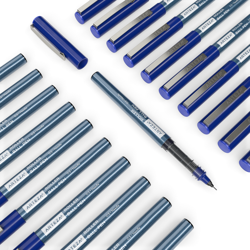 Bulk Blue Rollerball Pens with Fine 0.5mm Needle Tip - 20 Pack for Writing & Drawing