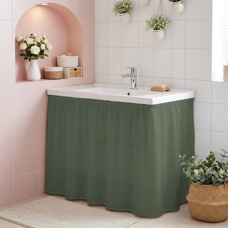 Deep Green Kitchen Cabinet Curtain Set with Magic Tape - Rustic Under Sink Privacy Panel
