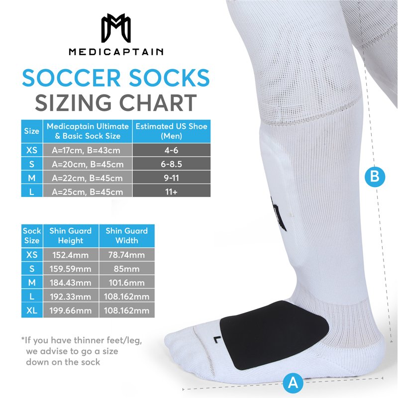 MediCaptain Ultimate Soccer Sock with Shin Guard - S Variation, White Metatarsal Pad