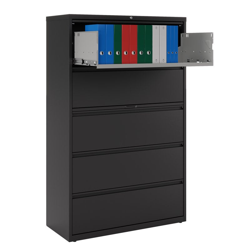 42-Inch Wide Metal 5-Drawer Lateral File Cabinet in Black - Heavy Duty Office Storage