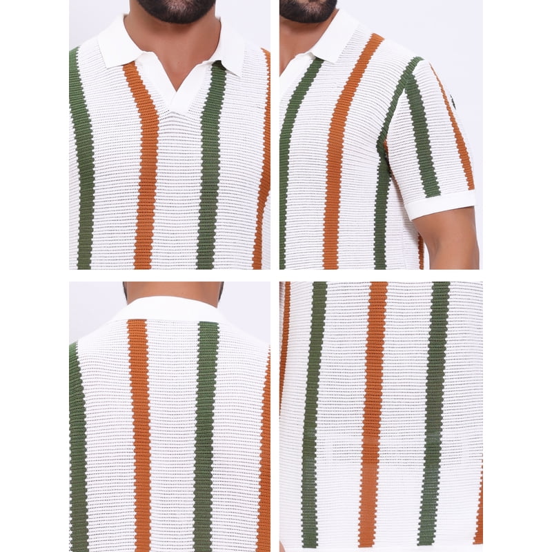 Daring Diva Men’s Hollow Knit V-Neck Polo Shirt, Short Sleeve, White, Size S
