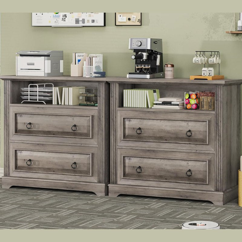 Farmhouse Style 2-Drawer File Cabinet with Printer Stand and Storage Shelf - Grey