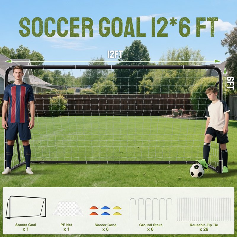 12'x6' Black Soccer Goal Set (B-50 Tube) Portable Backyard Training Equipment