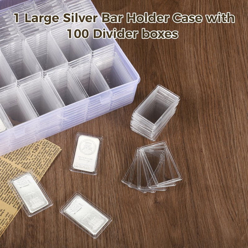 1 oz Silver Bar Storage Box with 100 Compartments - Clear Acrylic Organizer for Silver Coins and Bars