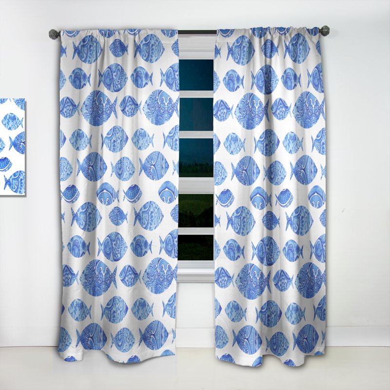 Nautical Coastal Sheer Curtain Panel - Blue Sea Shore Pattern, Multiple Sizes
