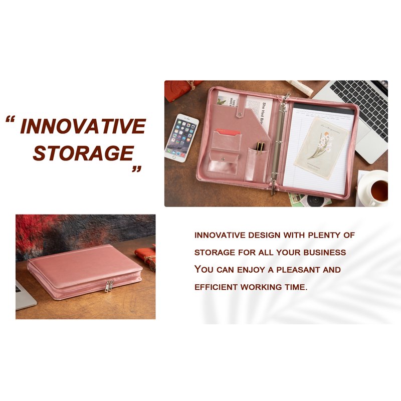 Vegan Leather Portfolio with Zippered Binder, 3-Ring, Business Organizer, Rose