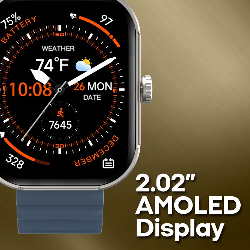 Smartwatch with 2.02-Inch AMOLED Screen, Bluetooth Calls, 100+ Workout Modes, Sleep & Heart Rate Monitoring
