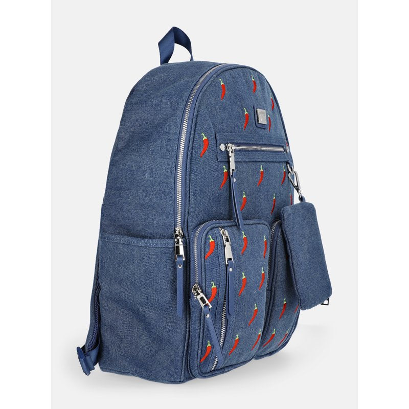 Women’s Double Pocket Dome Backpack with Pouch - Chili Denim