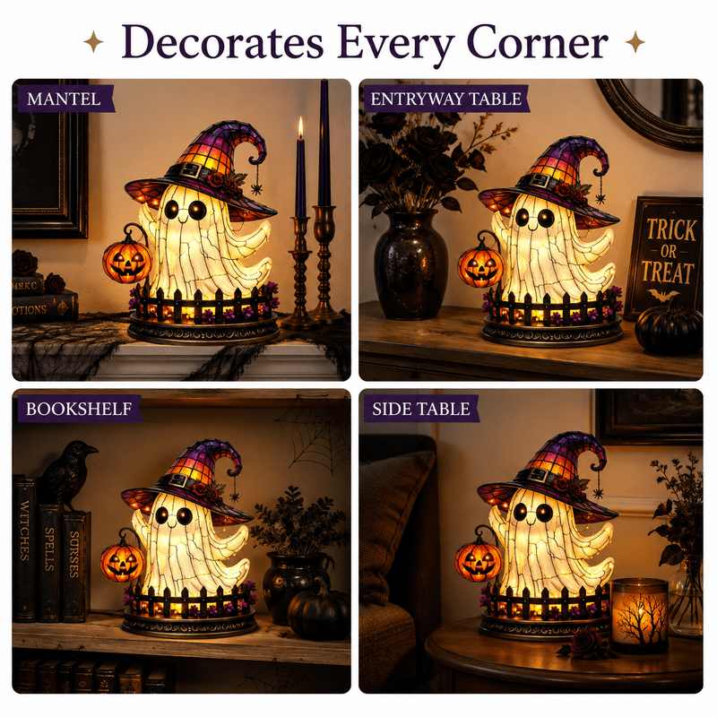 Halloween Ghost Night Light - 11.8 Inch Witch Hat Ghost Lamp with Jack O Lantern Indoor Decor