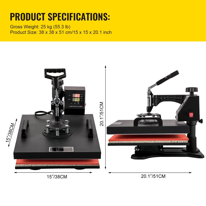 15x15 Inch 8-in-1 Digital Heat Press Machine for T-Shirts Hats Mugs