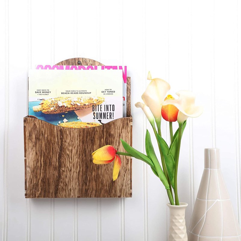 Wood Wall Magazine Rack - Rustic Wall Mount Mail & File Organizer - 11.6 x 8.7 in