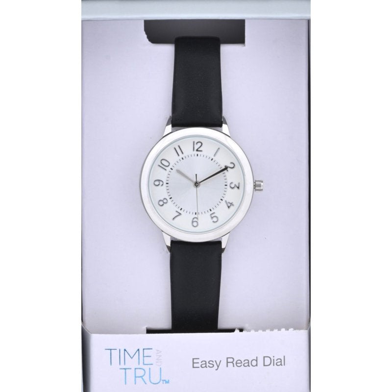 Women's Analog Quartz Wristwatch with Silver Case and Black Leather Strap