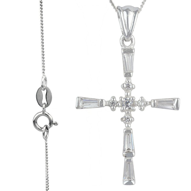Sterling Silver Cross Pendant with Simulated Diamonds - Jewelry Gift