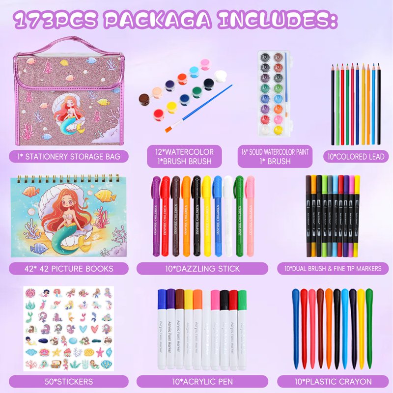 Kids Mermaid Art Set with Washable Markers and Stickers - Creative Craft Kit for Ages 3-12