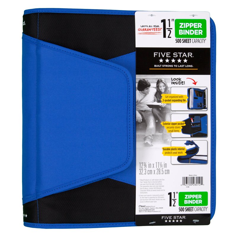 Durable 1.5 Inch Plastic Binder with Zipper Pocket and Rings - Blue
