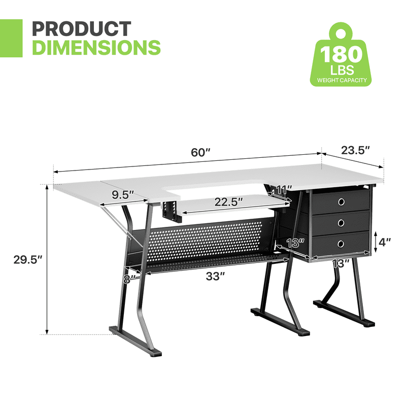 Sewing Machine Table with Storage Shelves & Adjustable Platform - White
